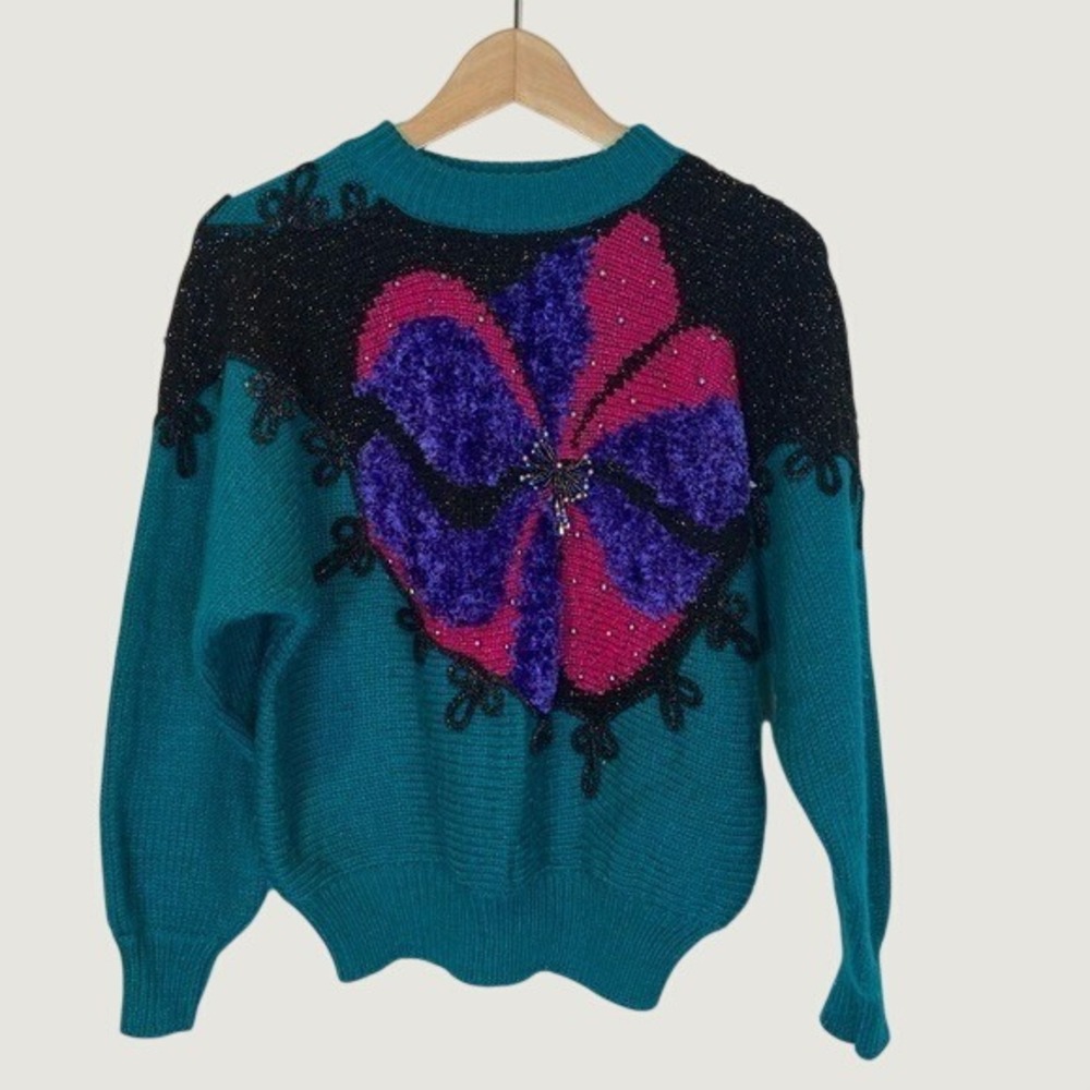 Jaclyn Smith 80s 90s Sweater Size M Embroidered Flower Chunky Blue Puff Sleeves